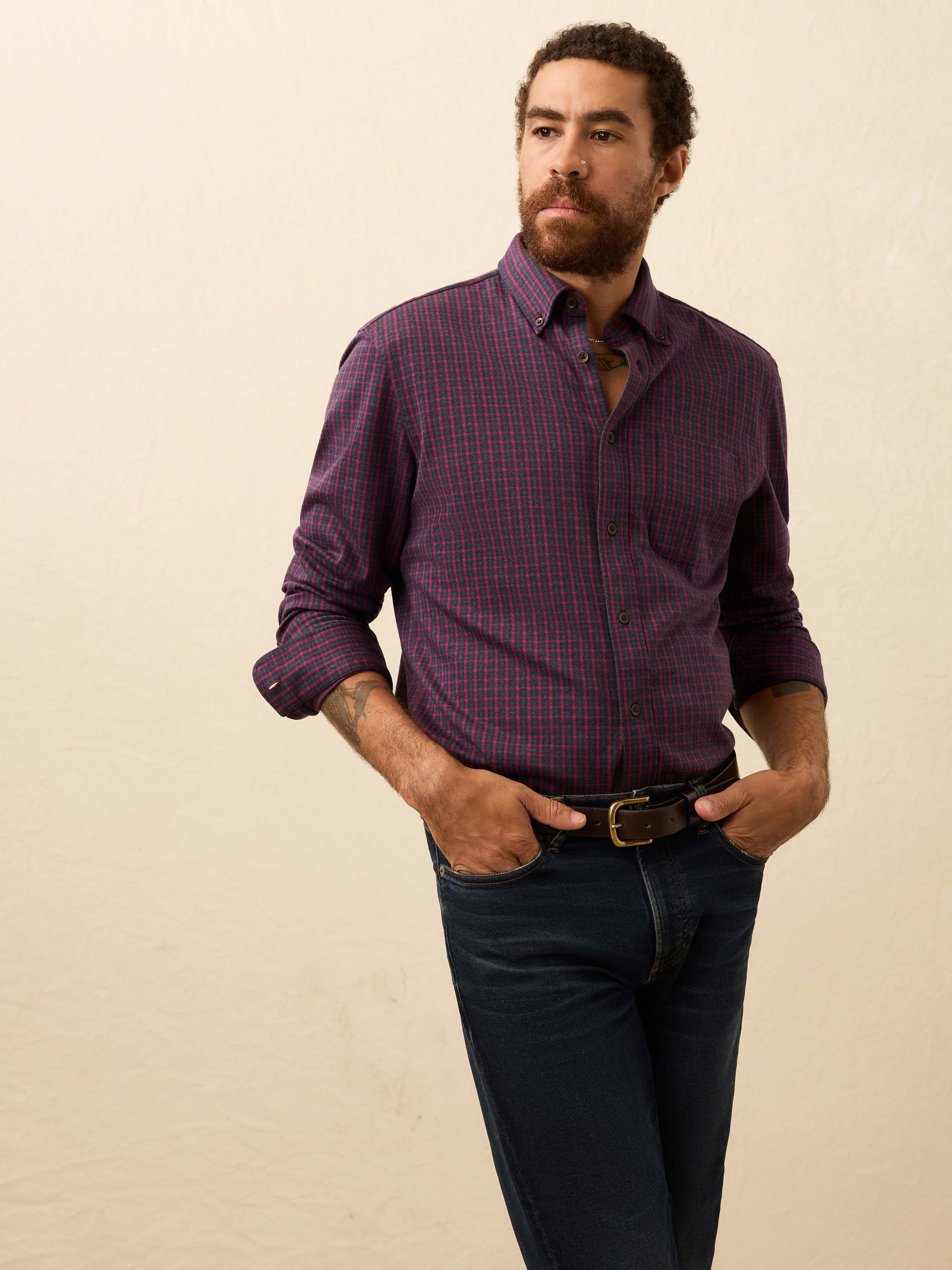 Coastline Knit Shirt - Red Dusk Check
