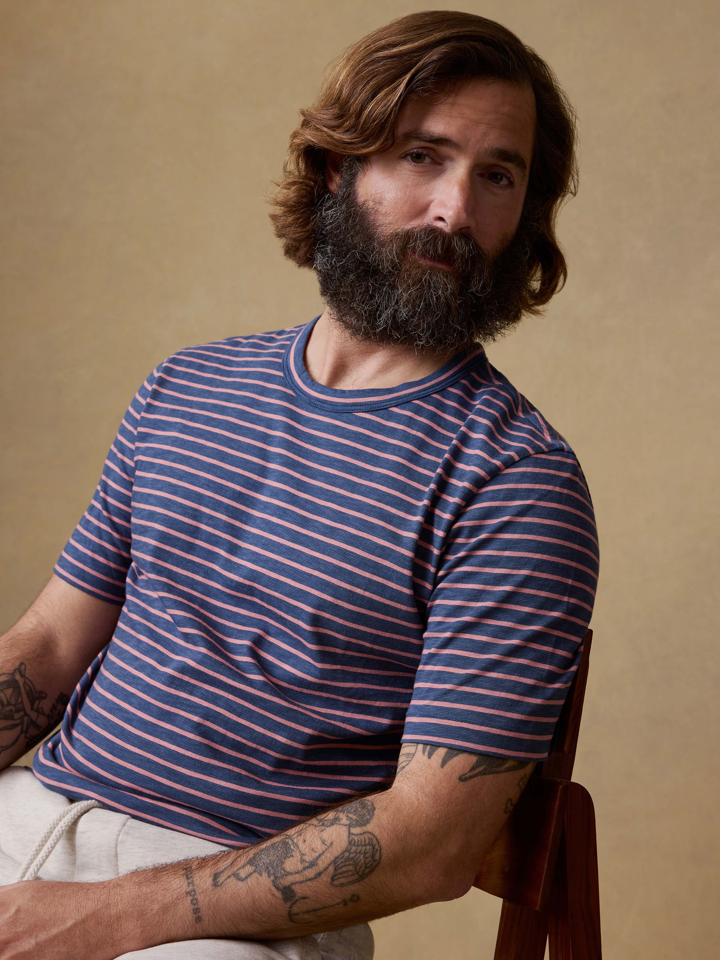Sunwashed Regenerative Tee - Navy Rose Stripe